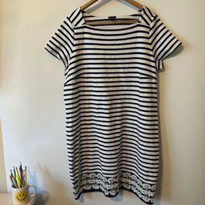 Talbots Woman 2X Nautical Stripe Dress Boat Neck Lace Hem Cotton Stretch Heavy